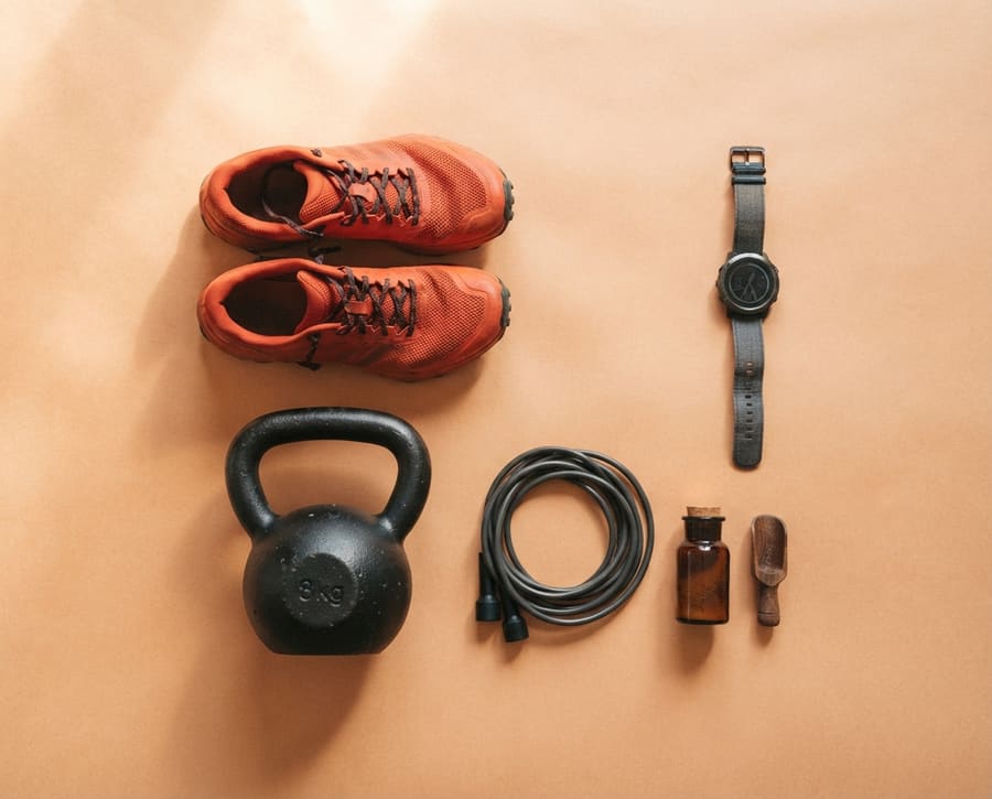 Chaussures de course, kettlebell, corde et montre GPS posés à plat sur un fond pêche
