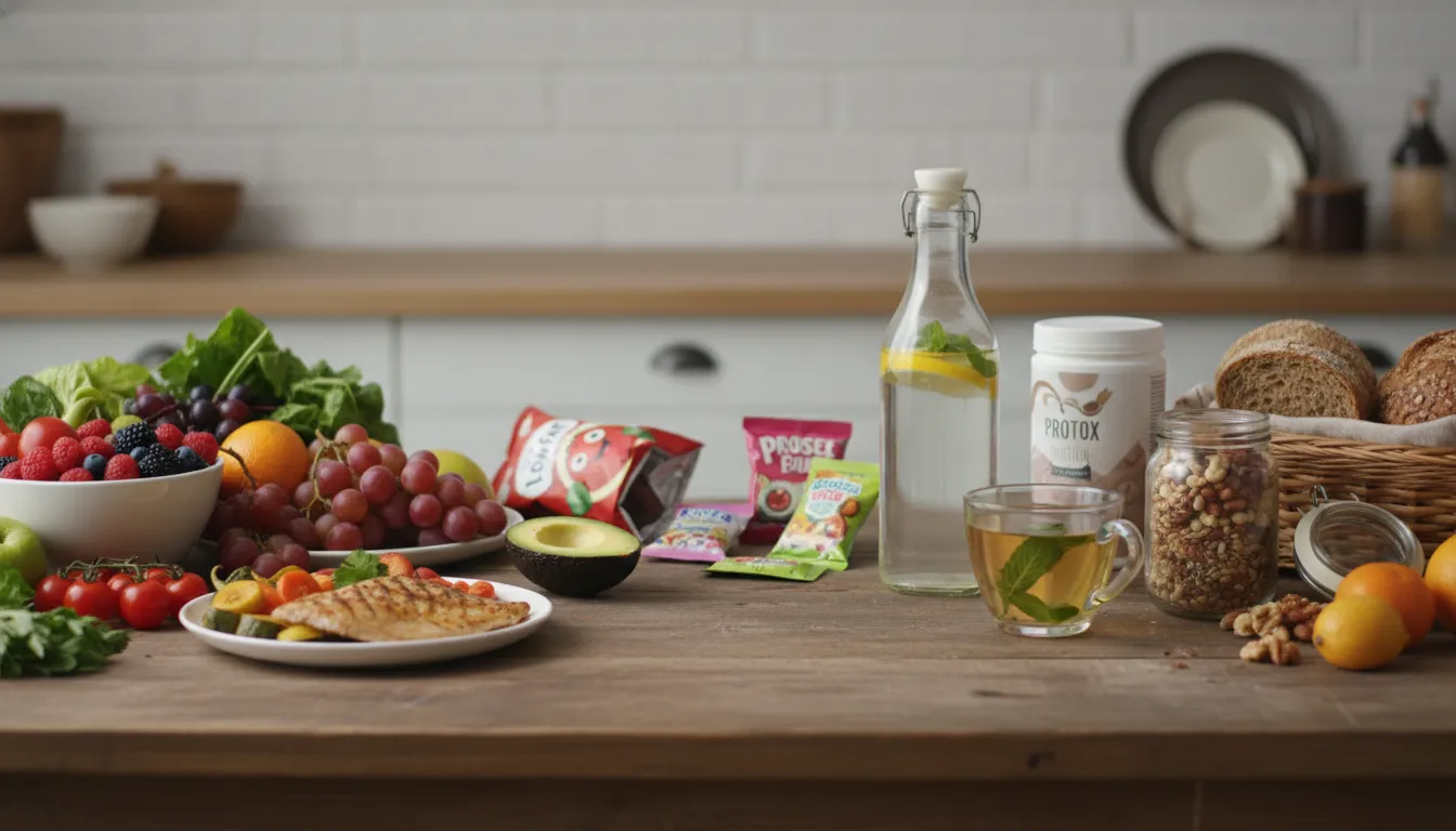 Bol de fruits, légumes et céréales posés sur un plan de travail de cuisine